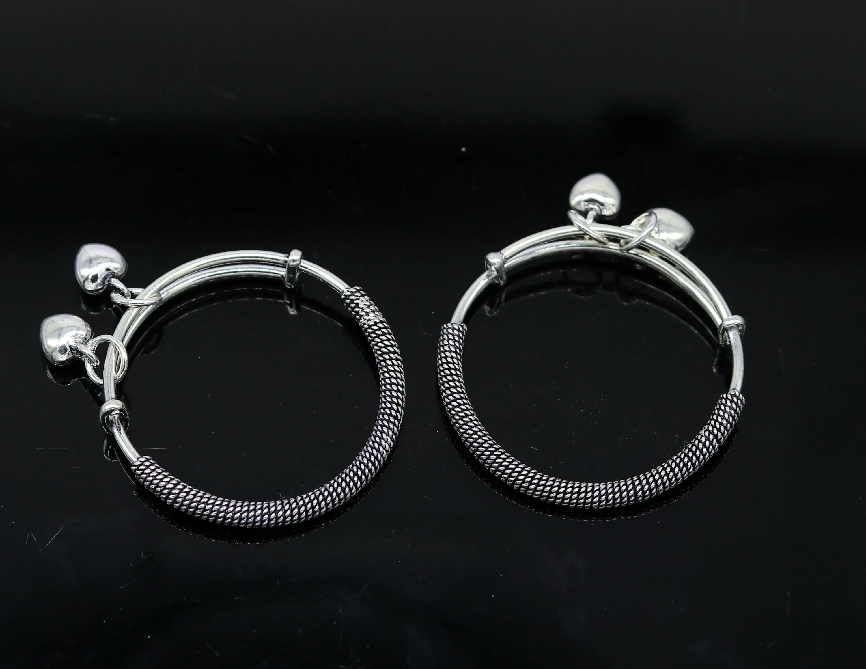 925 sterling silver handmade fancy adjustable baby bangle kada bracelet, fabulous heart shape hangings charm bangles unisex kids bbk70