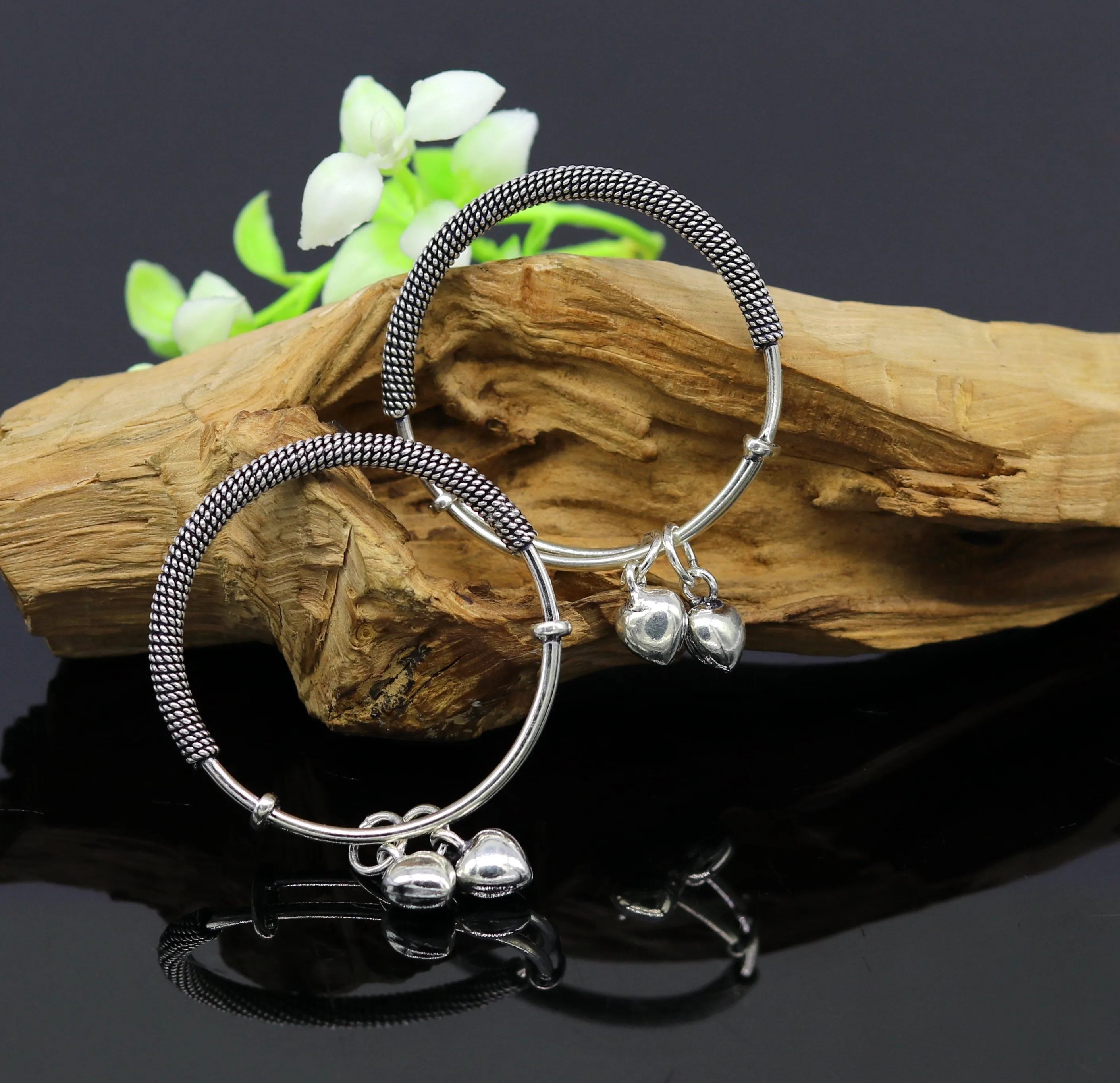 925 sterling silver handmade fancy adjustable baby bangle kada bracelet, fabulous heart shape hangings charm bangles unisex kids bbk70