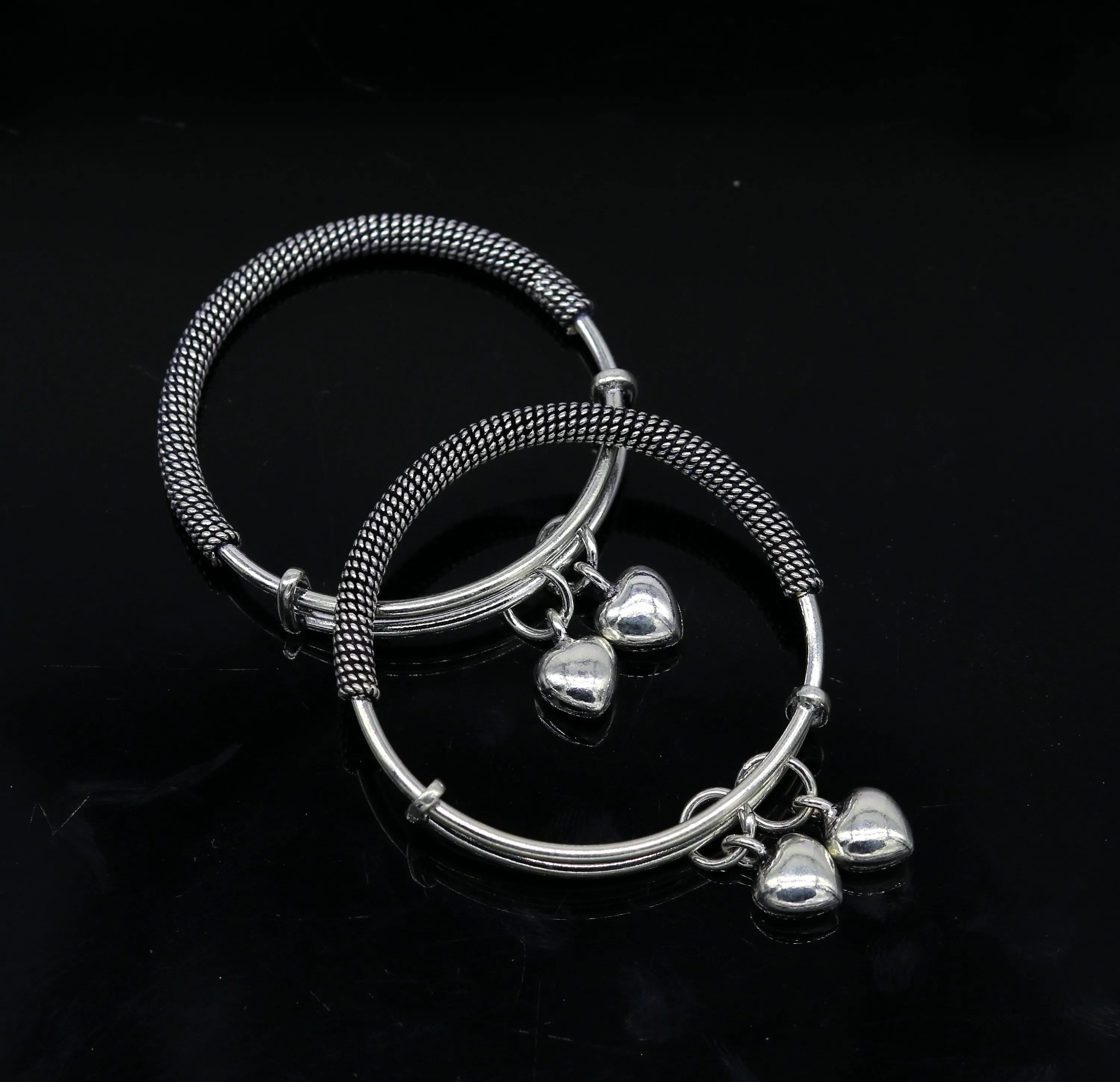 925 sterling silver handmade fancy adjustable baby bangle kada bracelet, fabulous heart shape hangings charm bangles unisex kids bbk70