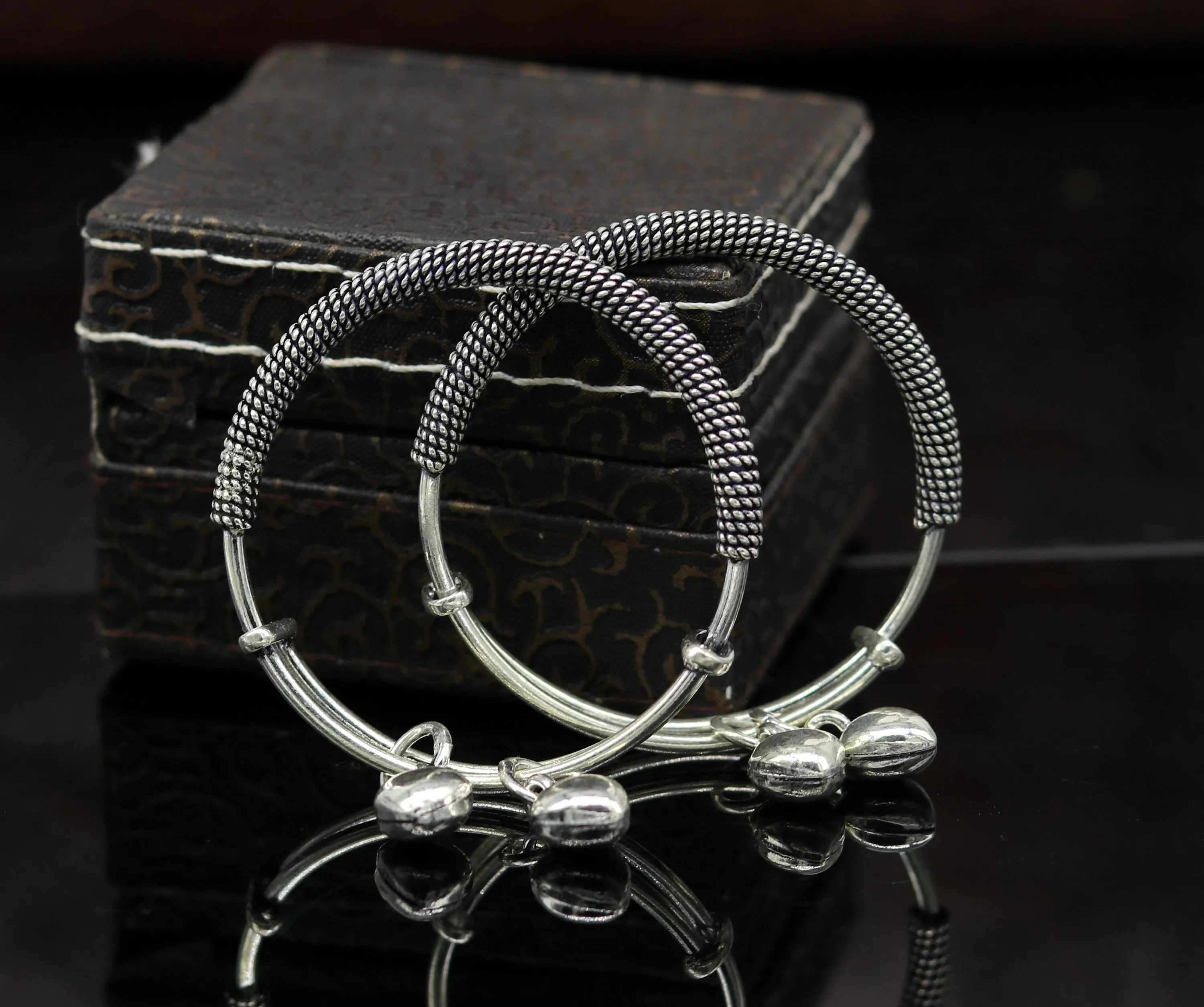 925 sterling silver handmade fancy adjustable baby bangle kada bracelet, fabulous heart shape hangings charm bangles unisex kids bbk70