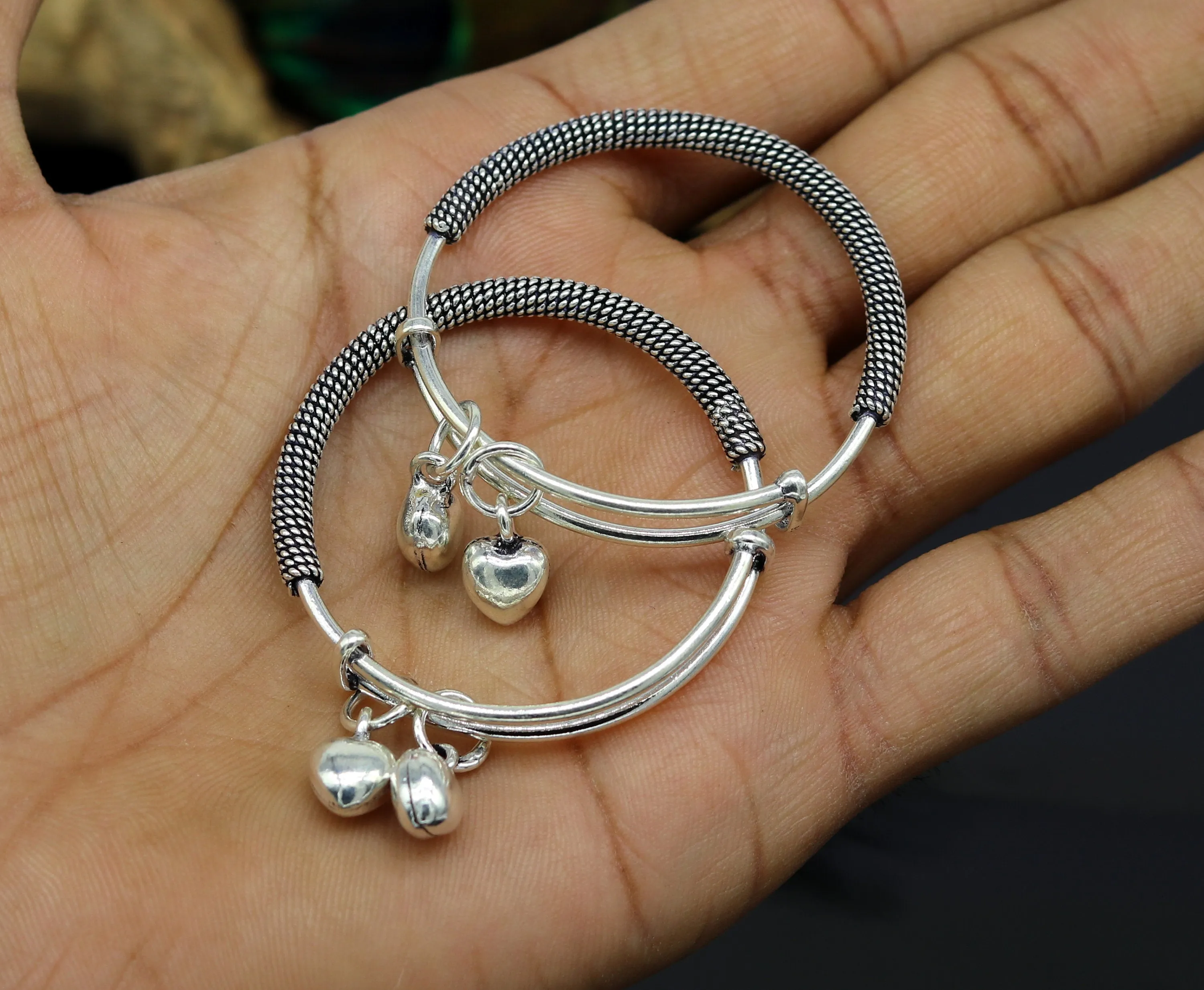 925 sterling silver handmade fancy adjustable baby bangle kada bracelet, fabulous heart shape hangings charm bangles unisex kids bbk70