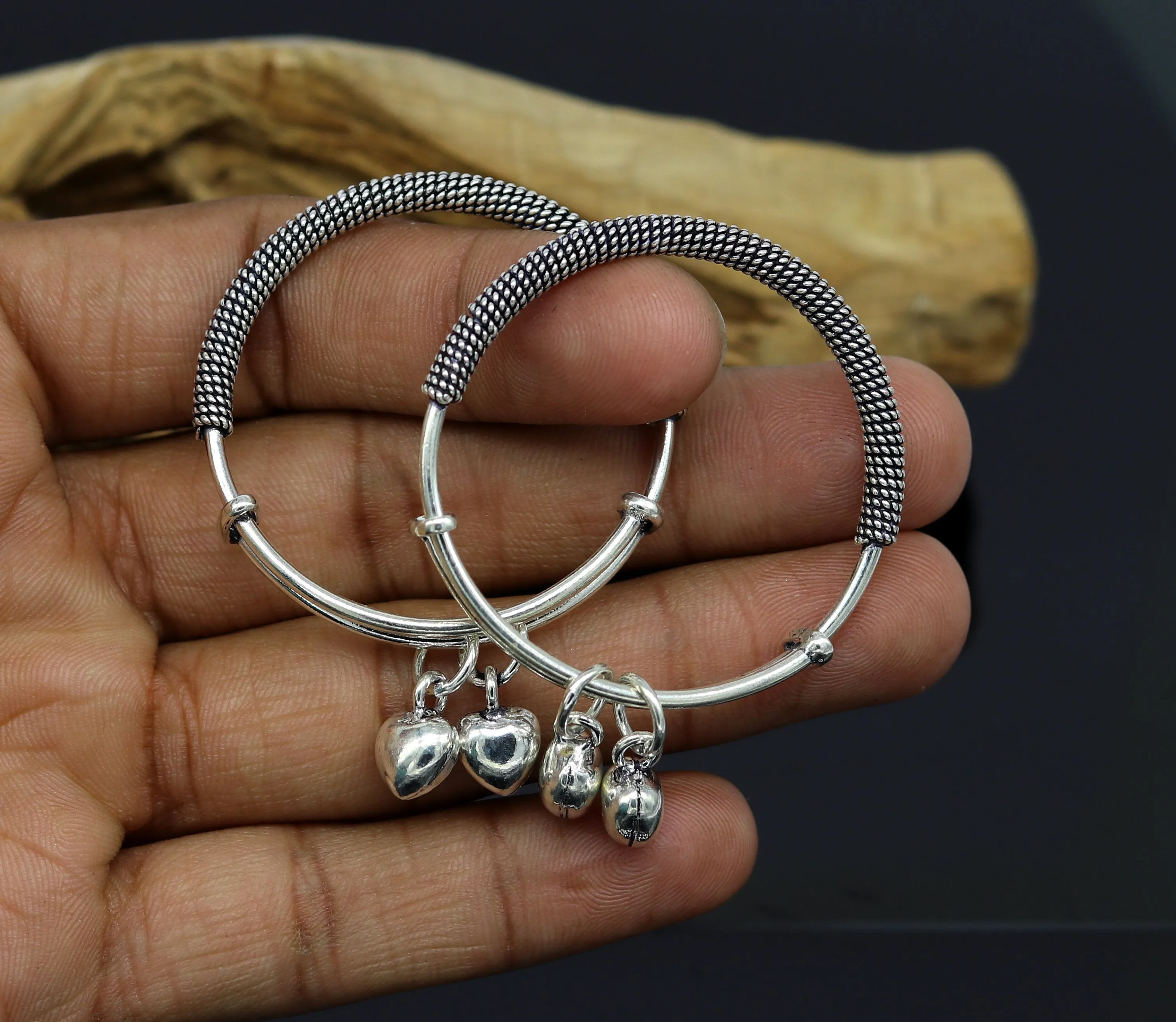 925 sterling silver handmade fancy adjustable baby bangle kada bracelet, fabulous heart shape hangings charm bangles unisex kids bbk70