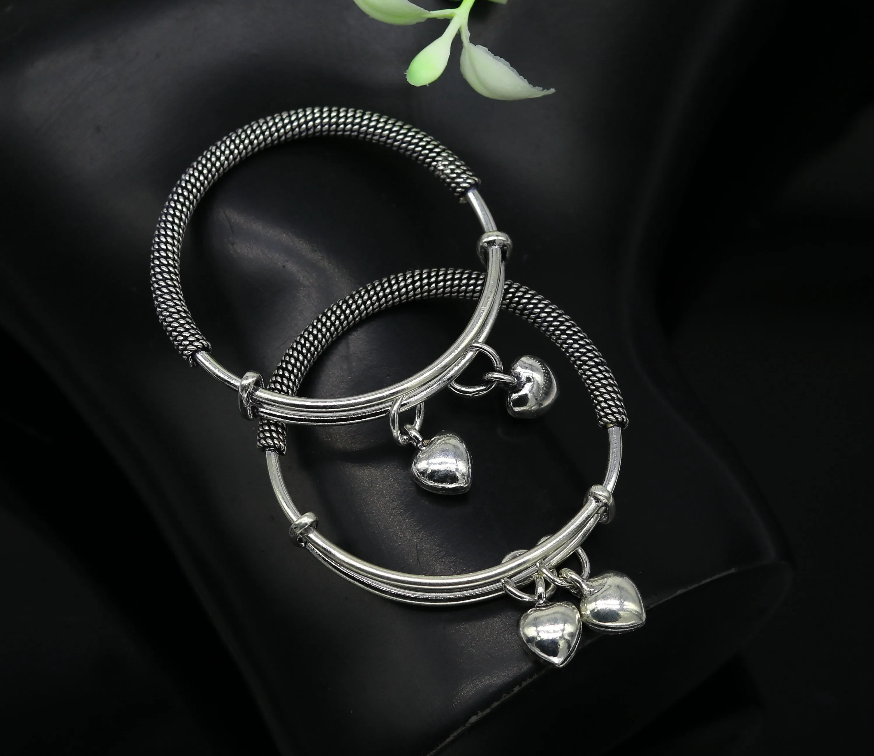 925 sterling silver handmade fancy adjustable baby bangle kada bracelet, fabulous heart shape hangings charm bangles unisex kids bbk70