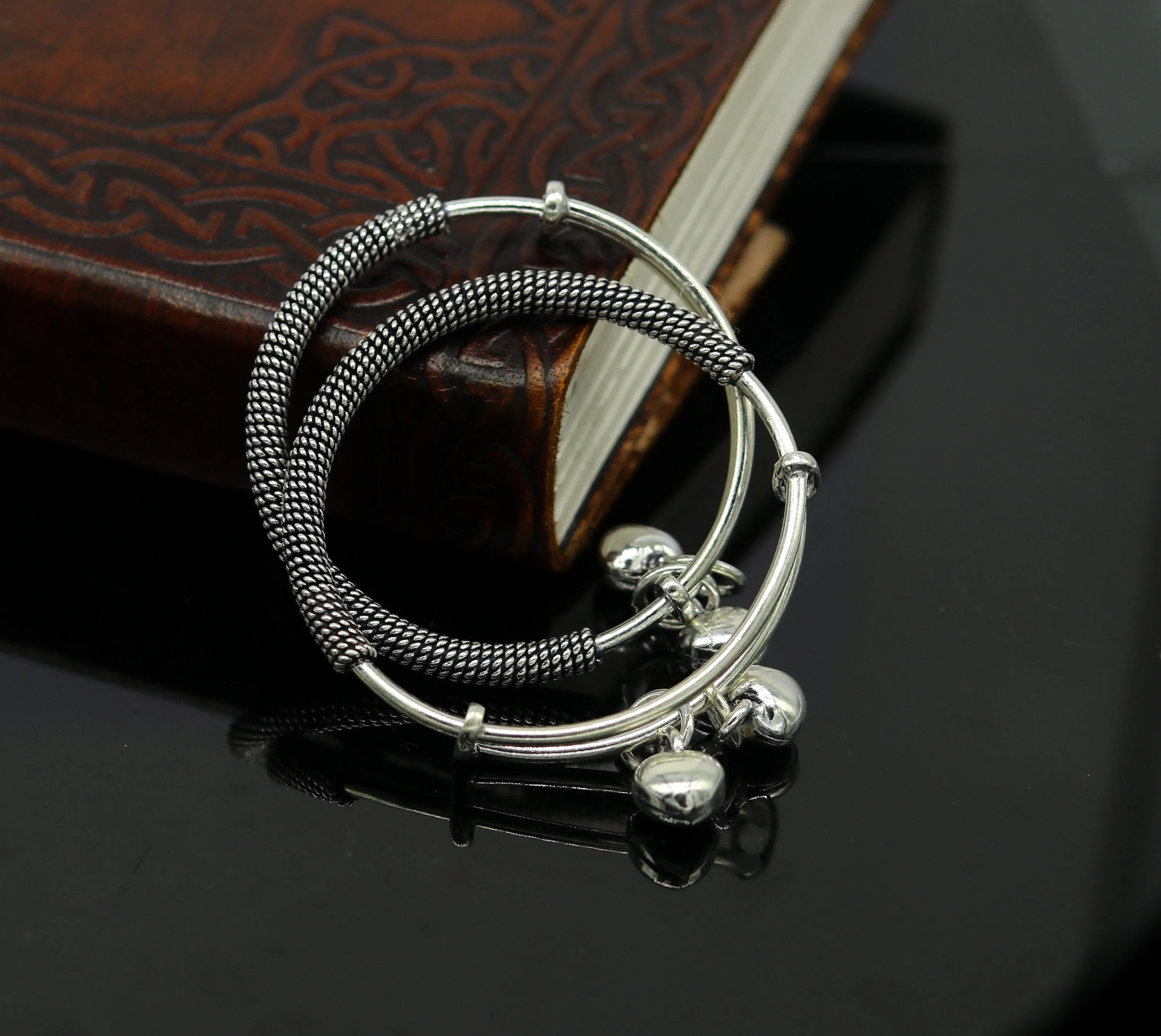 925 sterling silver handmade fancy adjustable baby bangle kada bracelet, fabulous heart shape hangings charm bangles unisex kids bbk70
