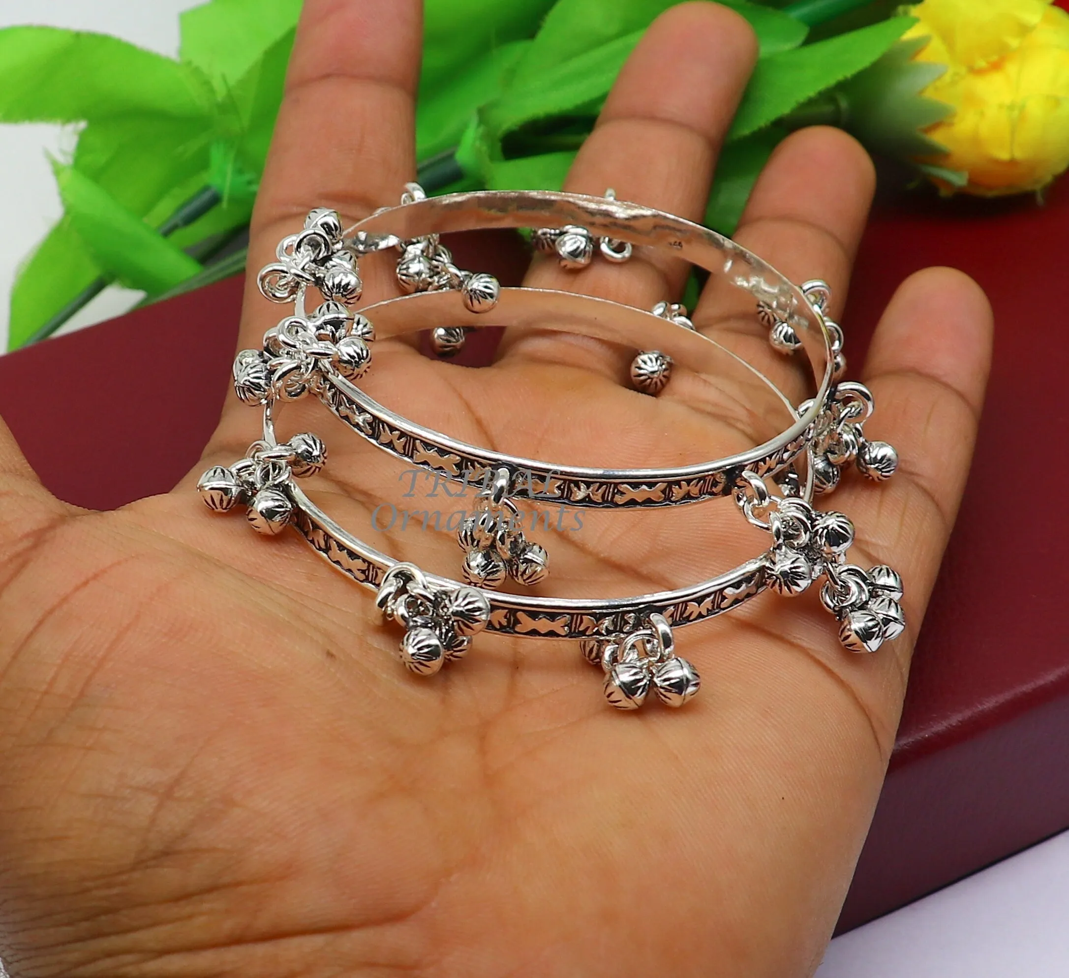 925 sterling silver handmade girl's bangle bracelet unique gorgeous jingling bells drops. excellent charm brides gifting jewelry ba177