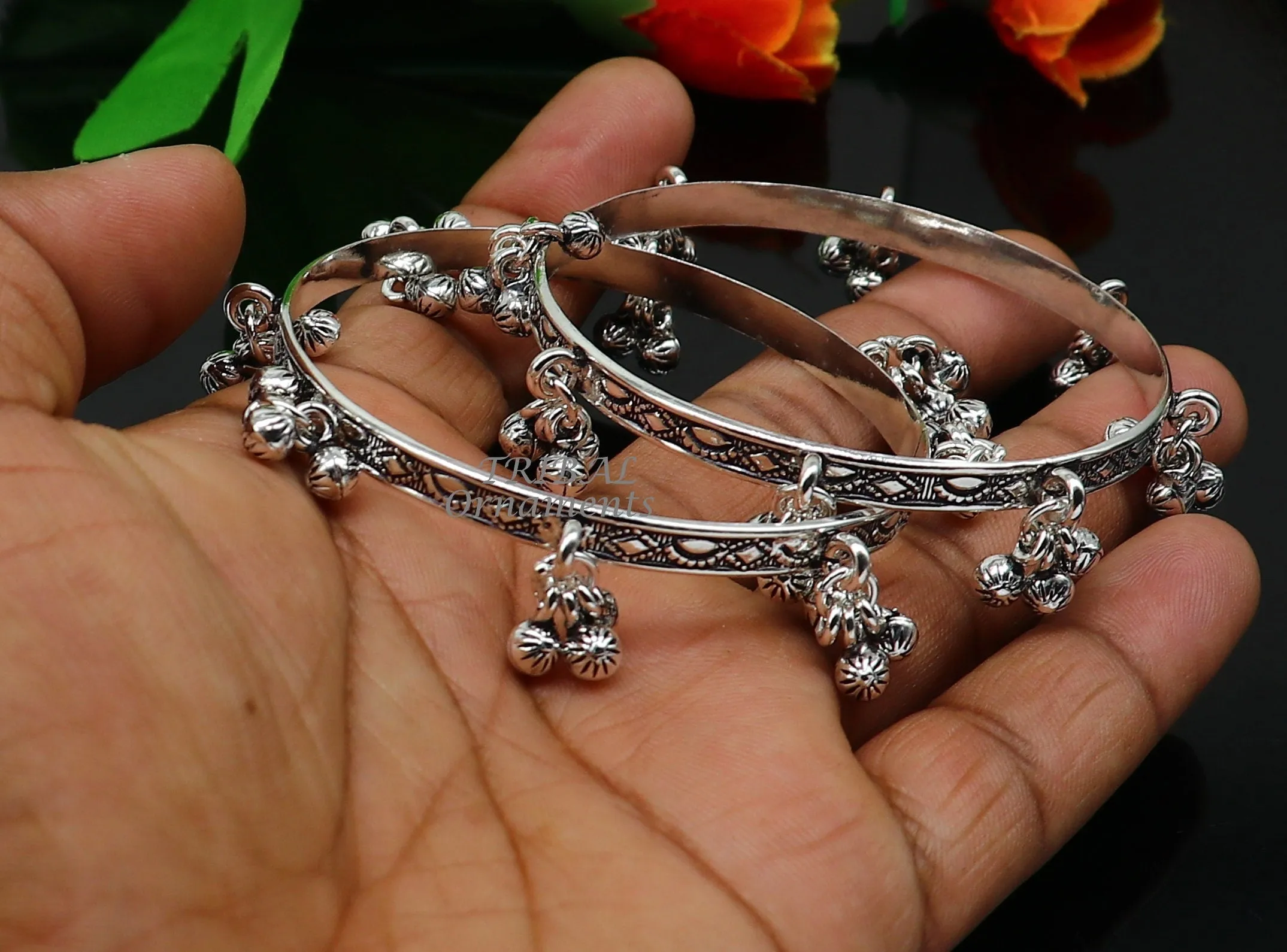 925 sterling silver handmade girl's bangle bracelet unique gorgeous jingling bells drops. excellent charm brides gifting jewelry ba178