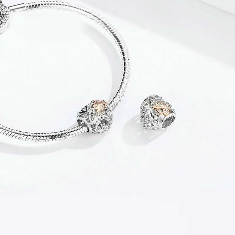 925 Sterling Silver Heart Beaded Clover Bracelet Charm