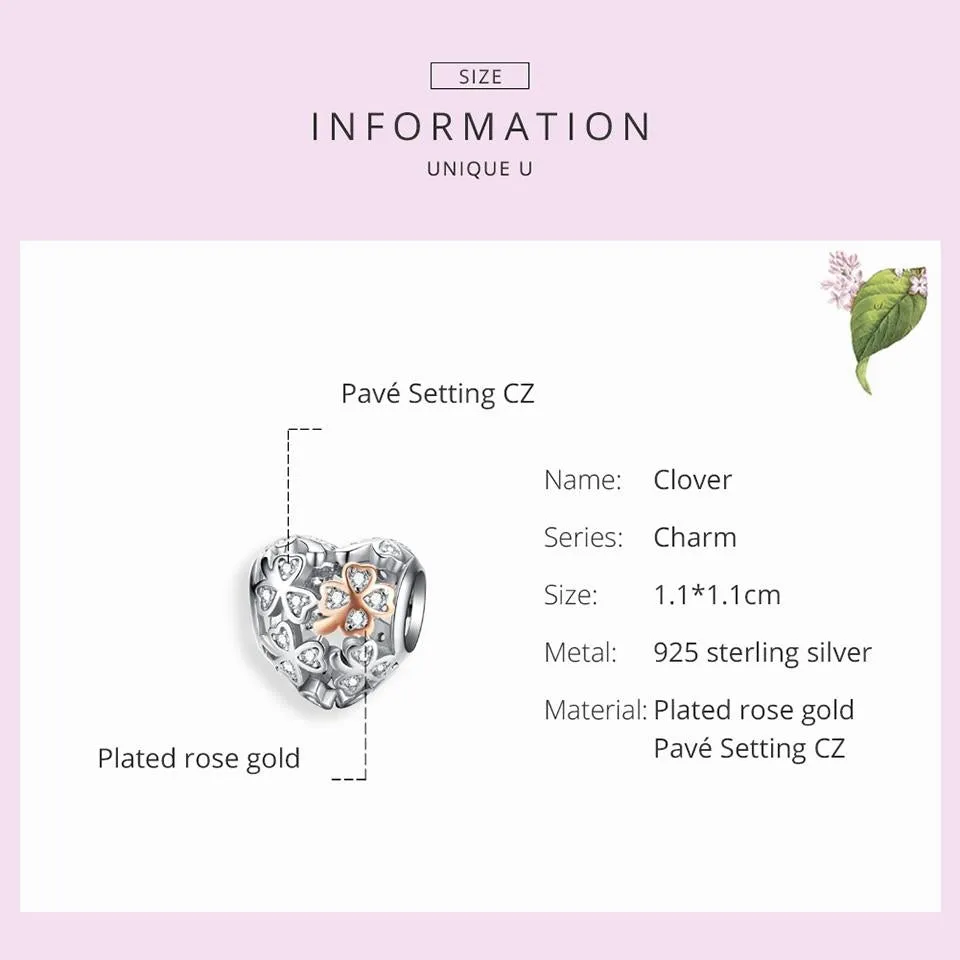 925 Sterling Silver Heart Beaded Clover Bracelet Charm