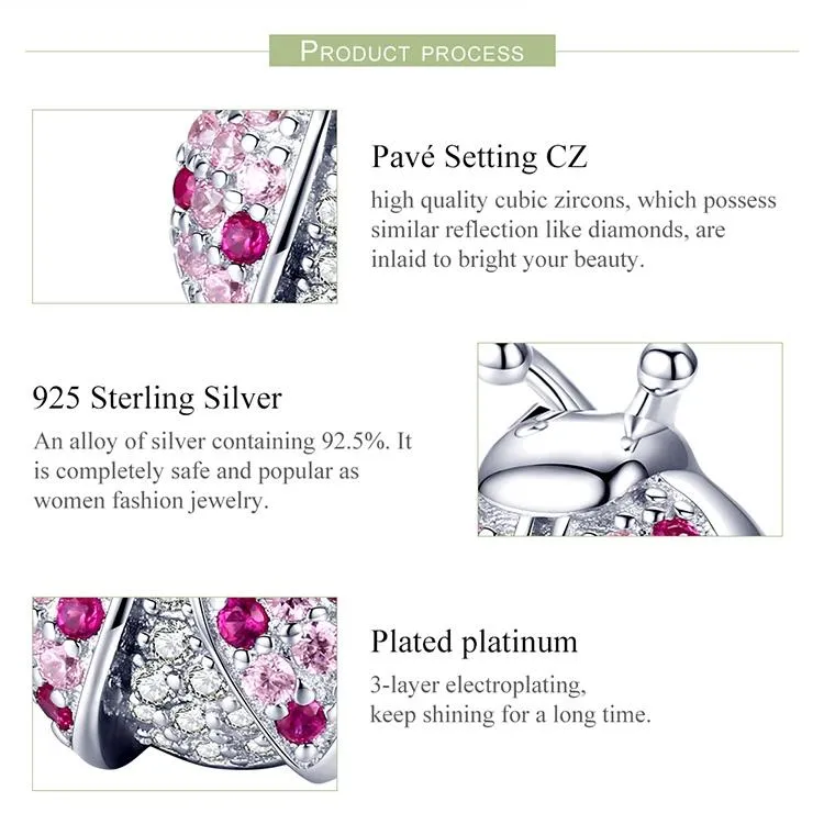 925 Sterling Silver Ladybug Pink Cz Insect Charm For Diy Bracelets