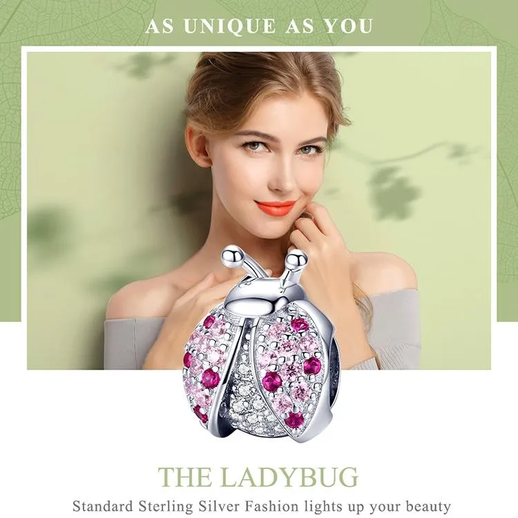 925 Sterling Silver Ladybug Pink Cz Insect Charm For Diy Bracelets
