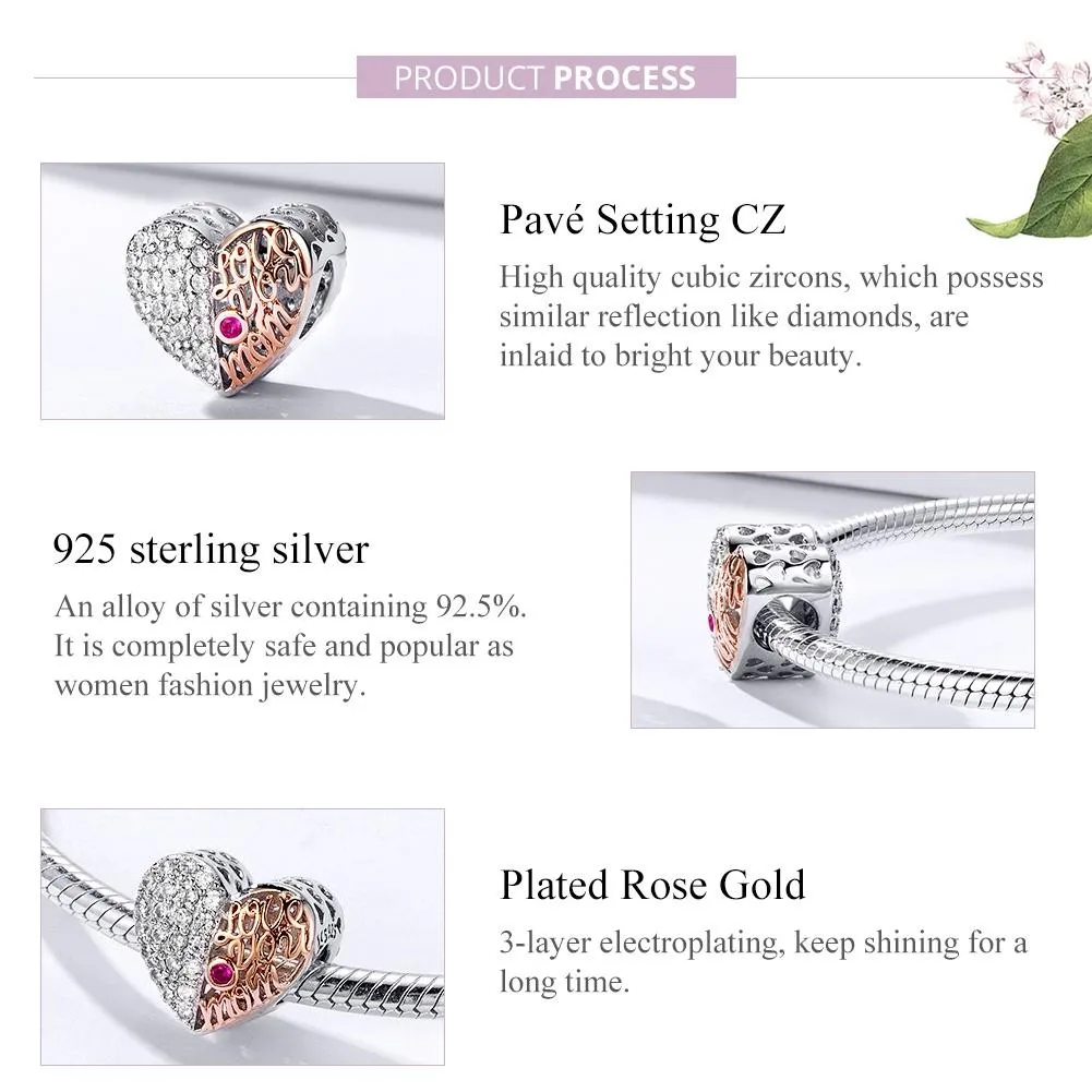 925 Sterling Silver Mother'S Heart Bead Pendant For Diy Bracelets And Necklaces