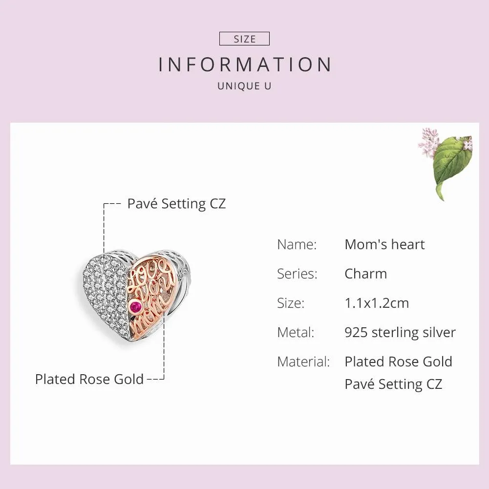 925 Sterling Silver Mother'S Heart Bead Pendant For Diy Bracelets And Necklaces