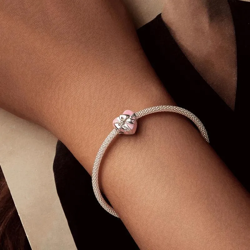 925 Sterling Silver Platinum Heart Bow Beads Gift Box