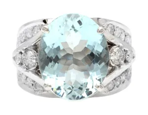 9.30 Carats Exquisite Natural Aquamarine and Diamond 14K Solid White Gold Ring