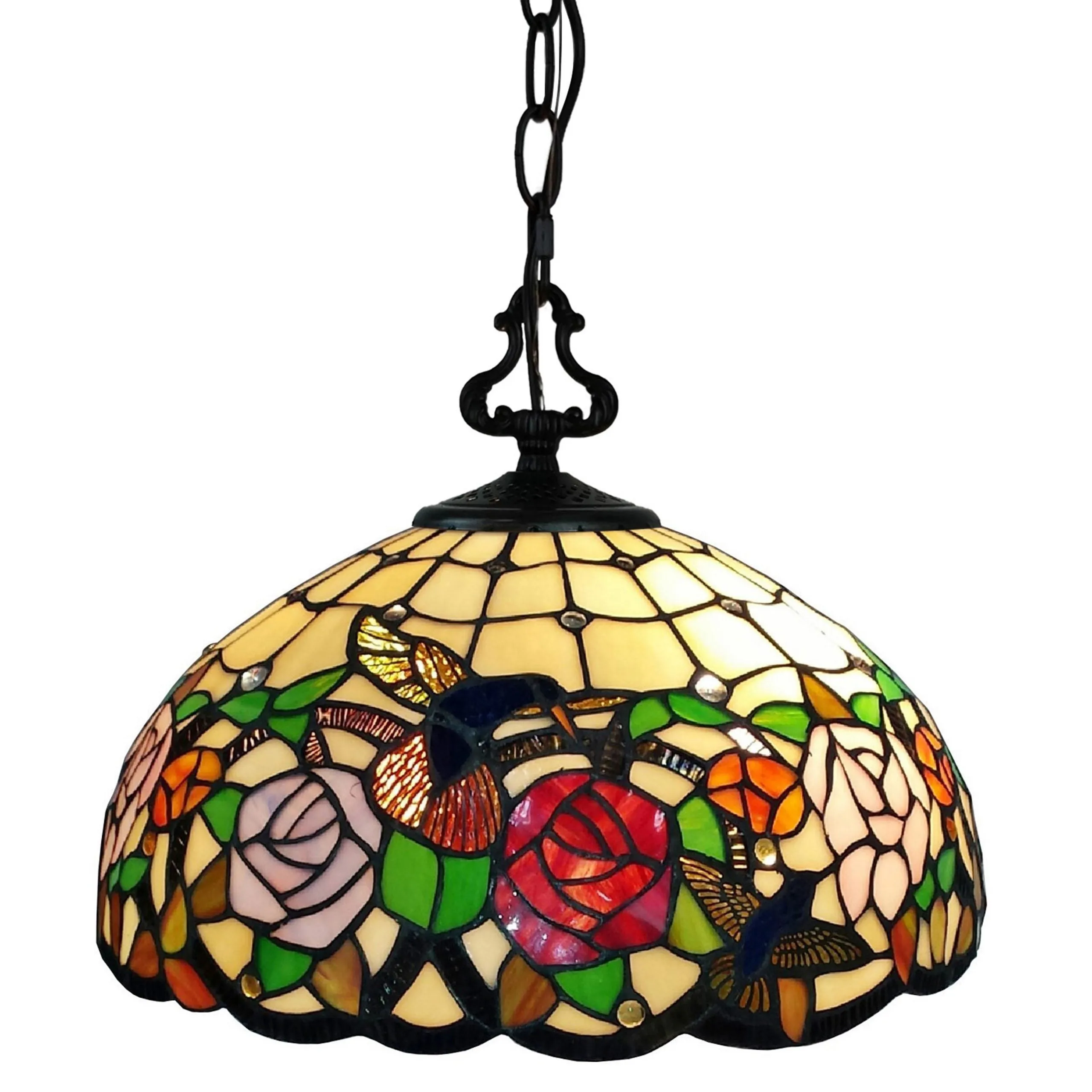 Amora Lighting Tiffany Style AM019HL16B Hummingbirds Floral Hanging Lamp 16" Wide