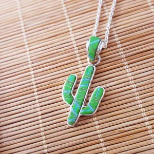 Arizona Turquoise and Inlaid Jewelry Gaspeite Saguaro Cactus Pendant