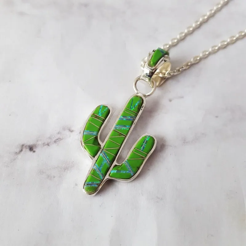 Arizona Turquoise and Inlaid Jewelry Gaspeite Saguaro Cactus Pendant
