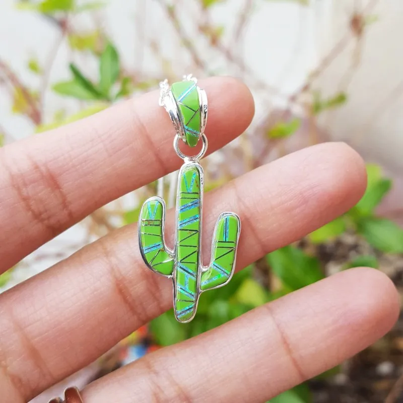 Arizona Turquoise and Inlaid Jewelry Gaspeite Saguaro Cactus Pendant