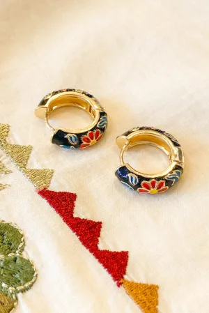 Black Floral Enamel Hoop Earrings
