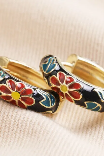 Black Floral Enamel Hoop Earrings