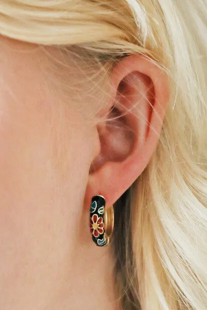 Black Floral Enamel Hoop Earrings