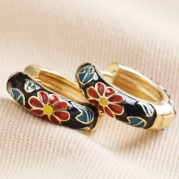 Black Floral Enamel Hoop Earrings