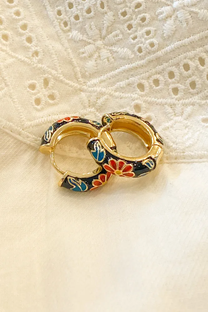 Black Floral Enamel Hoop Earrings