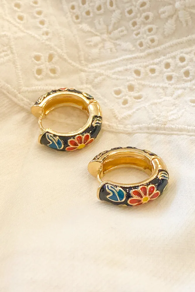 Black Floral Enamel Hoop Earrings