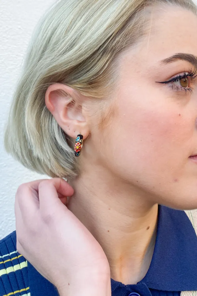 Black Floral Enamel Hoop Earrings