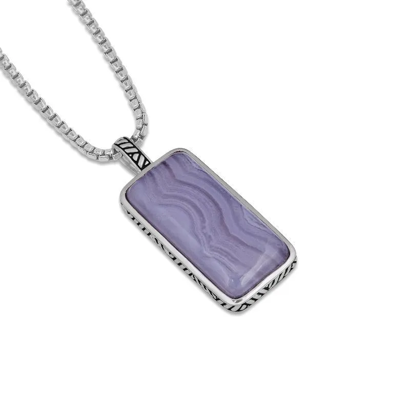 Blue Lace Agate Stone Tag in Black Rhodium