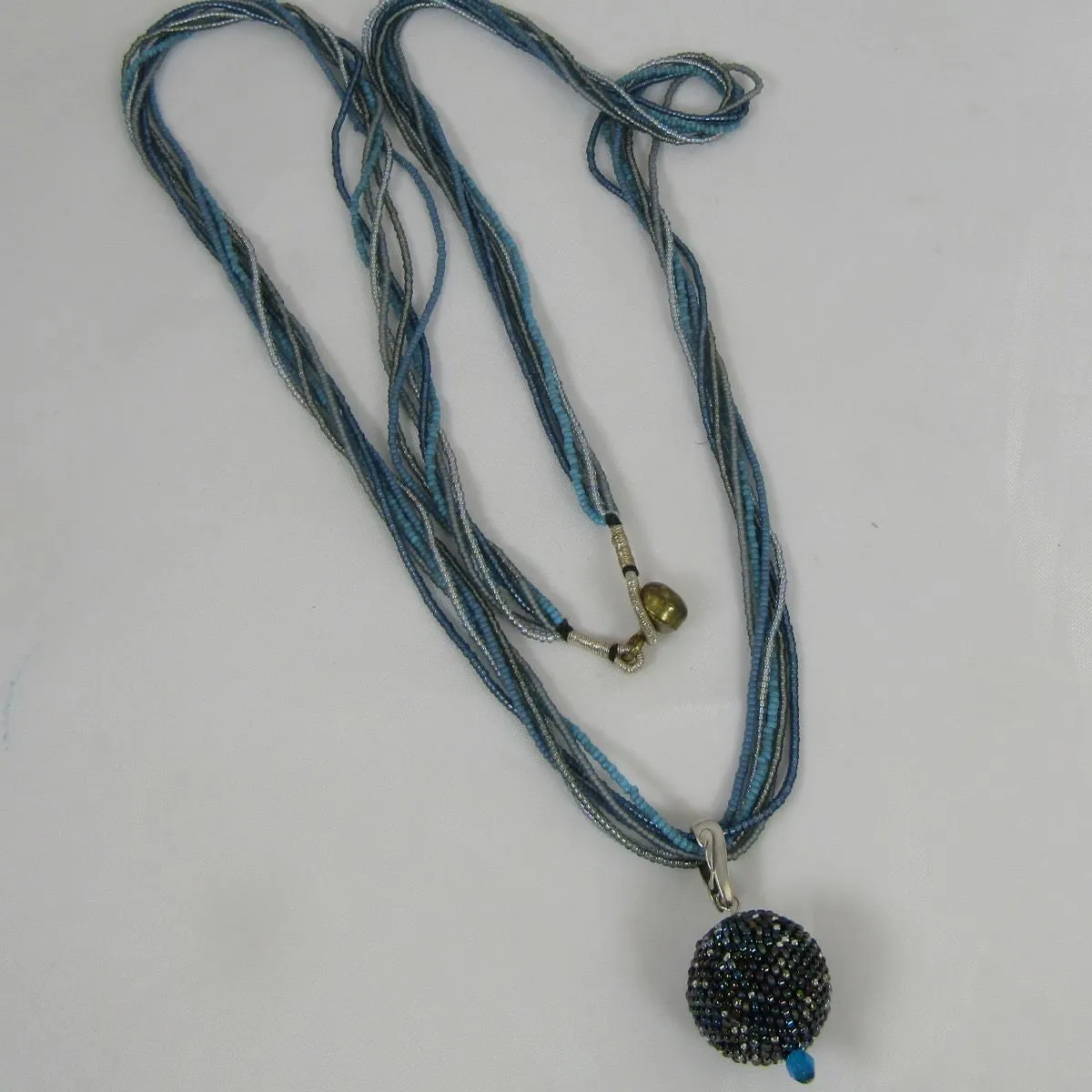 Blue Multi-strand Necklace with Shades of Blue  Ball Pendant