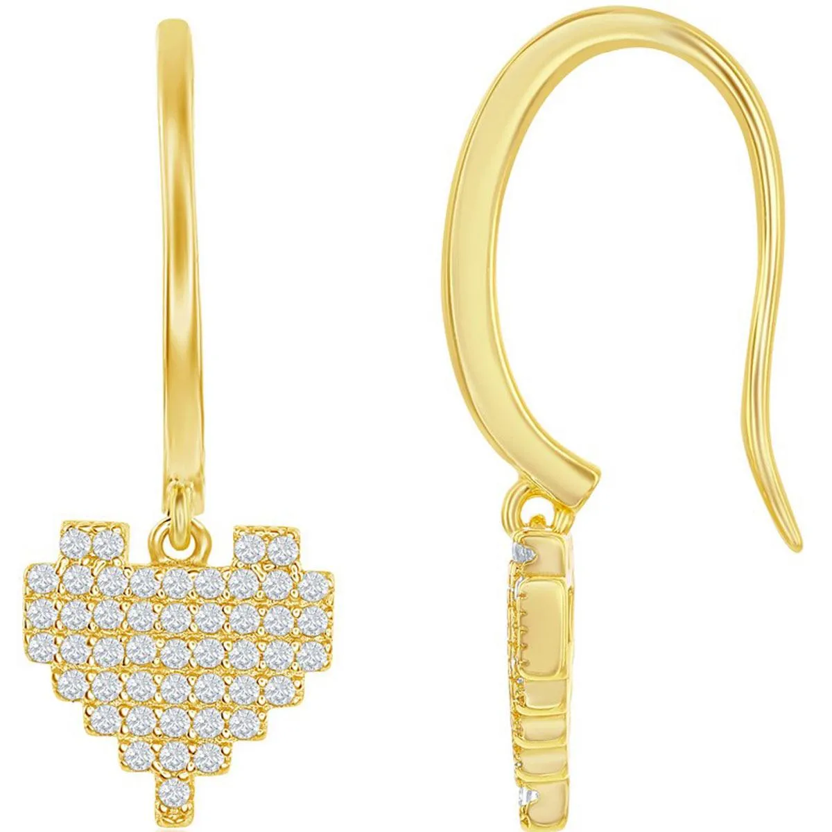 Classic Women's Earrings - Gold Plated White CZ Pixel Heart Leverback | D-7851-GP