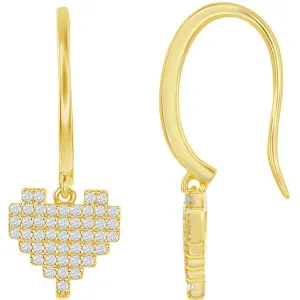 Classic Women's Earrings - Gold Plated White CZ Pixel Heart Leverback | D-7851-GP