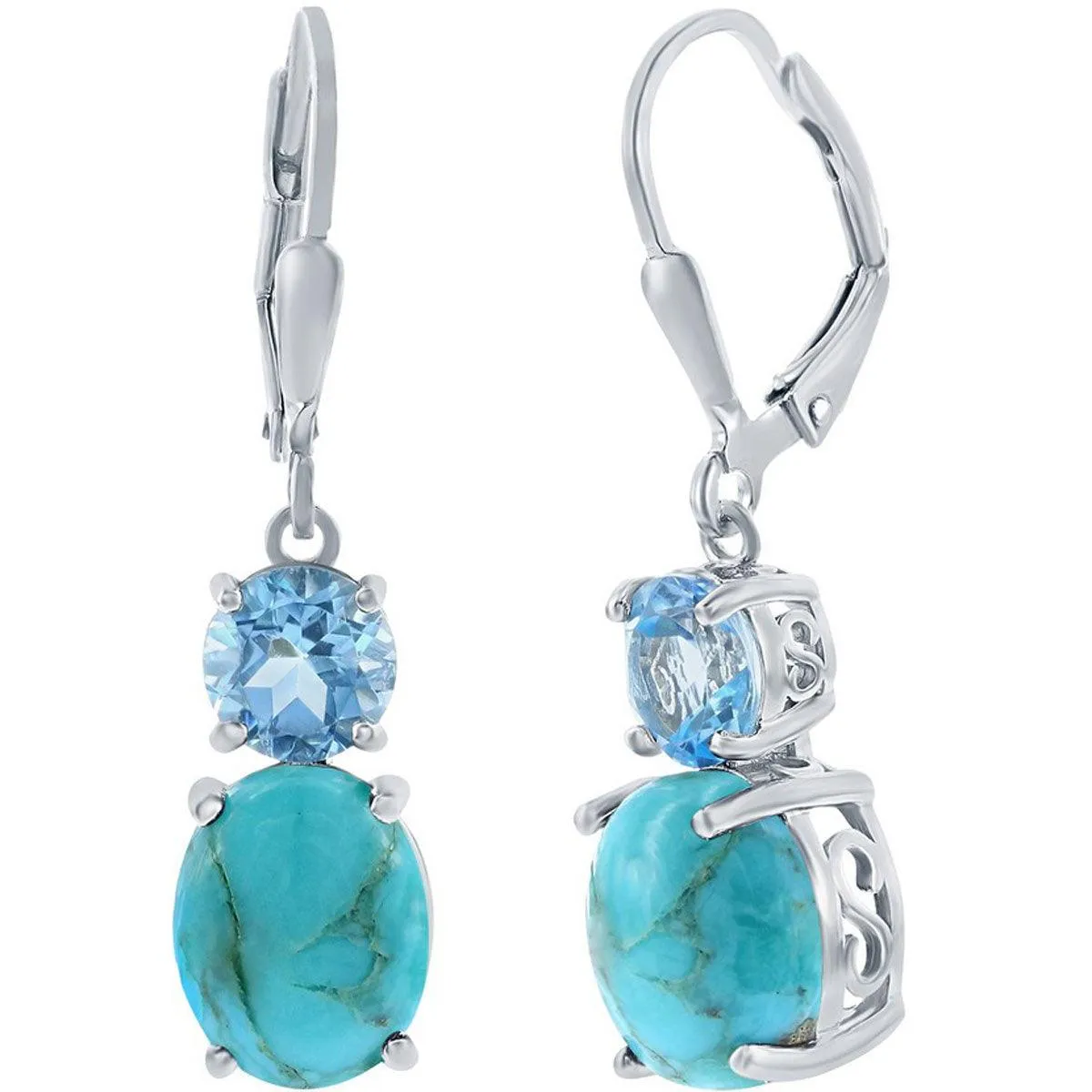 Classic Women's Earrings - Oval Shape Turquoise and Round Blue Topaz Gemstone | D-8111