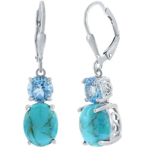 Classic Women's Earrings - Oval Shape Turquoise and Round Blue Topaz Gemstone | D-8111