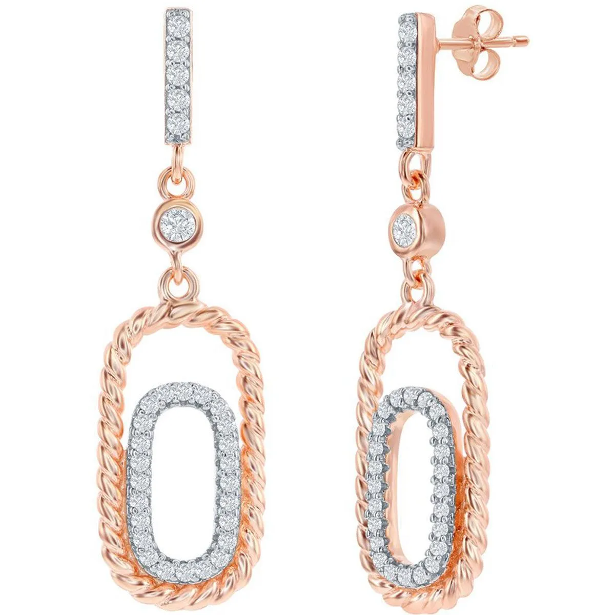 Classic Women's Earrings - Rose Gold Plated Double Rectangle White CZ Stone | D-8154