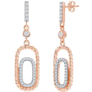 Classic Women's Earrings - Rose Gold Plated Double Rectangle White CZ Stone | D-8154