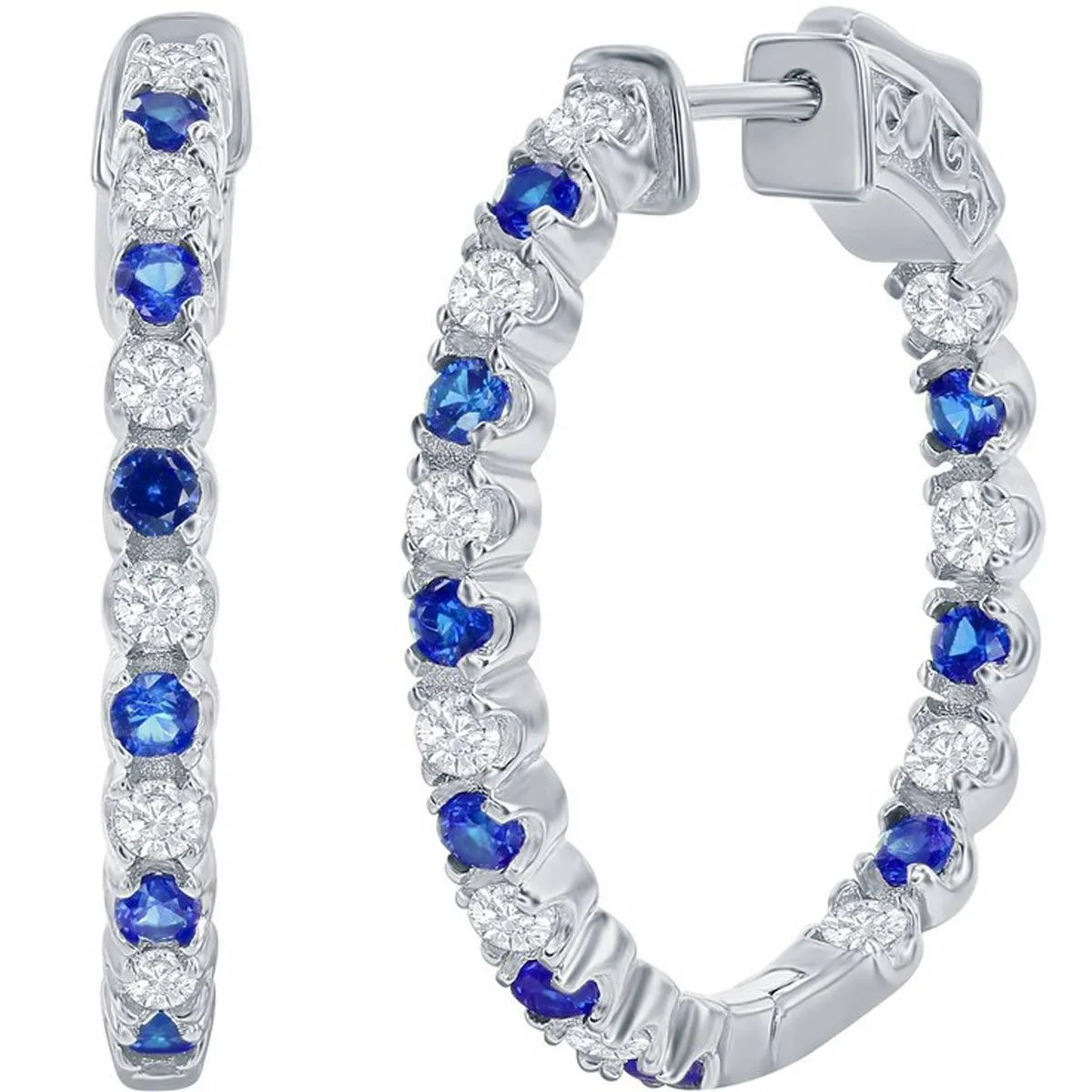 Classic Women's Earrings - Silver 3x25mm Created Blue and White Sapphire | D-7964