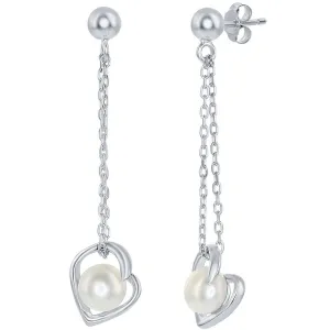 Classic Women's Earrings - Sterling Silver 6mm White FWP Heart with Chain | D-7833