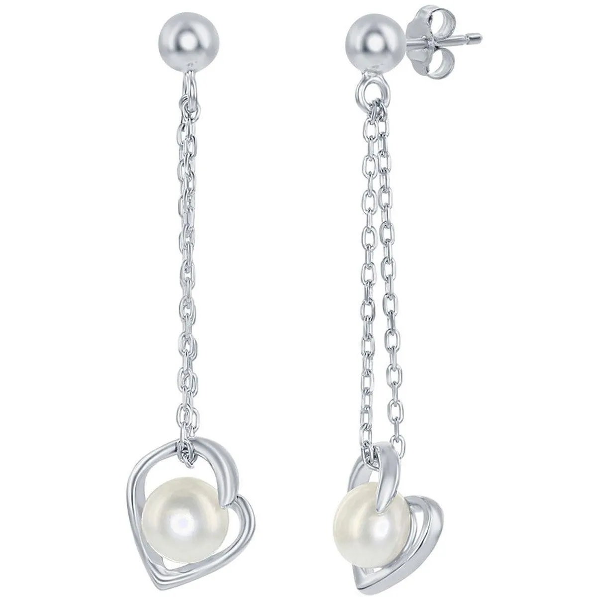 Classic Women's Earrings - Sterling Silver 6mm White FWP Heart with Chain | D-7833