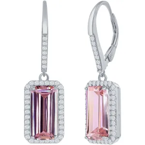 Classic Women's Earrings - Sterling Silver Emerald Cut Pink CZ with Halo | D-7903