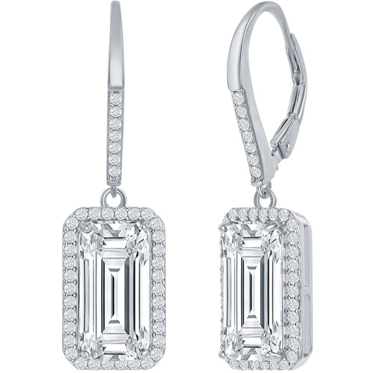 Classic Women's Earrings - Sterling Silver Emerald Cut White CZ with Halo | D-7657