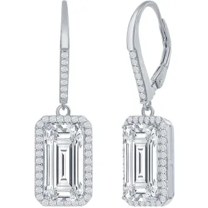 Classic Women's Earrings - Sterling Silver Emerald Cut White CZ with Halo | D-7657