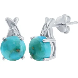 Classic Women's Earrings - Sterling Silver Round Turquoise with White Topaz | D-8117