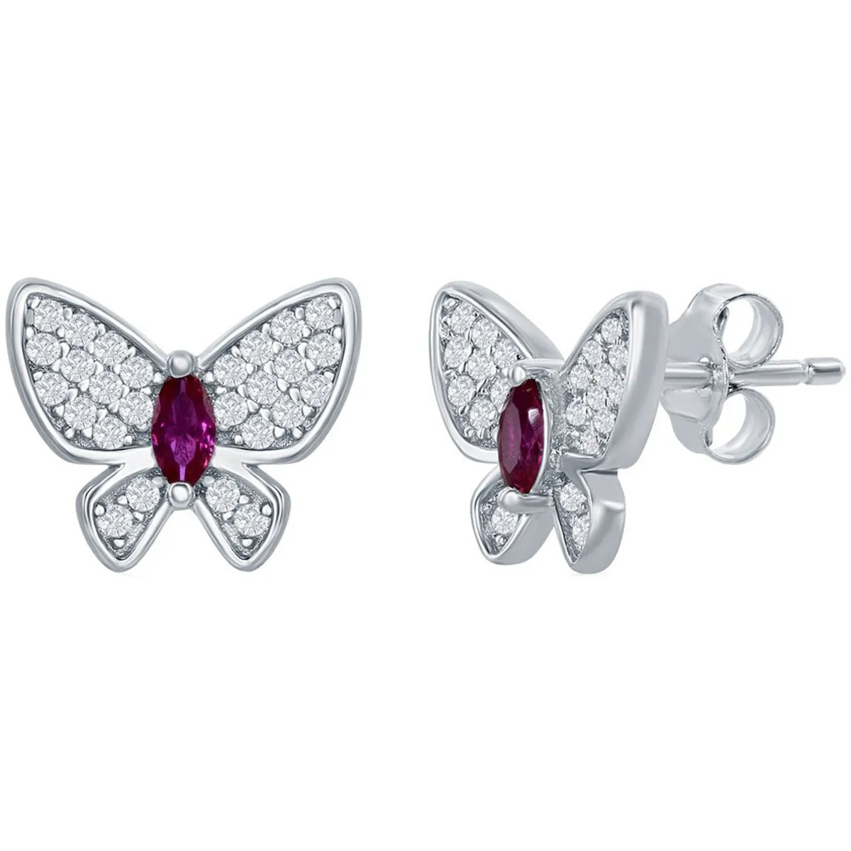 Classic Women's Earrings - Sterling Silver White and Ruby CZ Butterfly Stud | D-7535