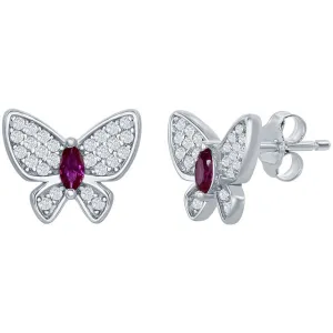 Classic Women's Earrings - Sterling Silver White and Ruby CZ Butterfly Stud | D-7535