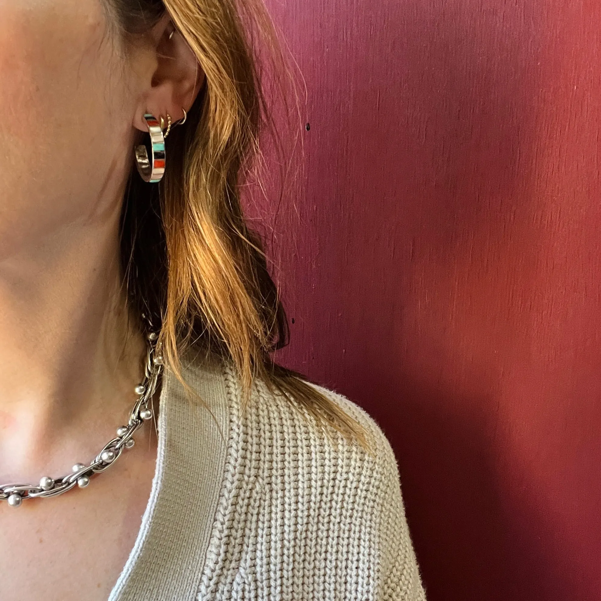 Colorful Inlay Sterling Silver Hoop Earrings