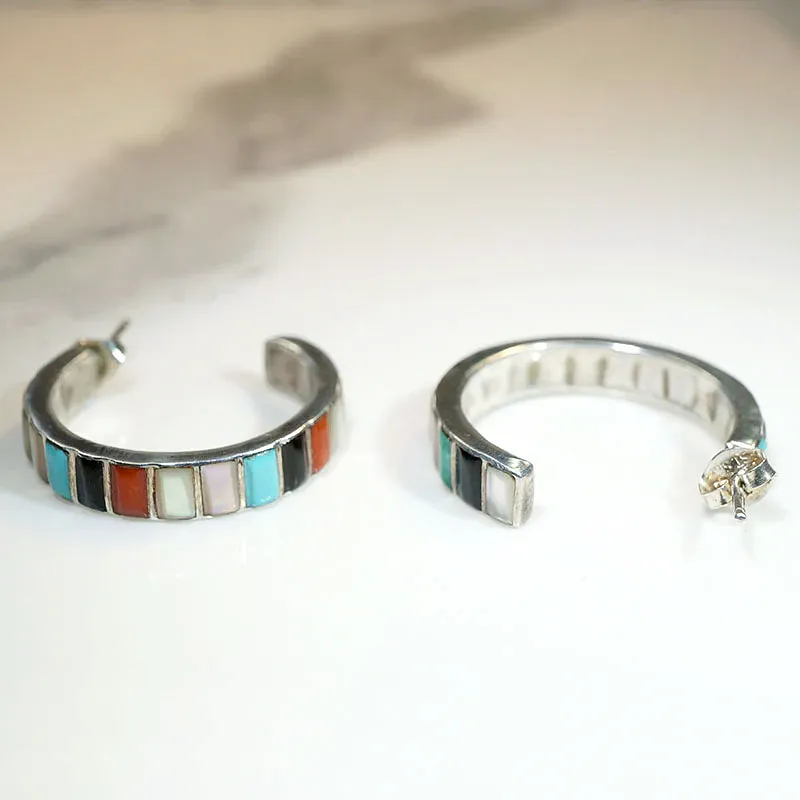 Colorful Inlay Sterling Silver Hoop Earrings