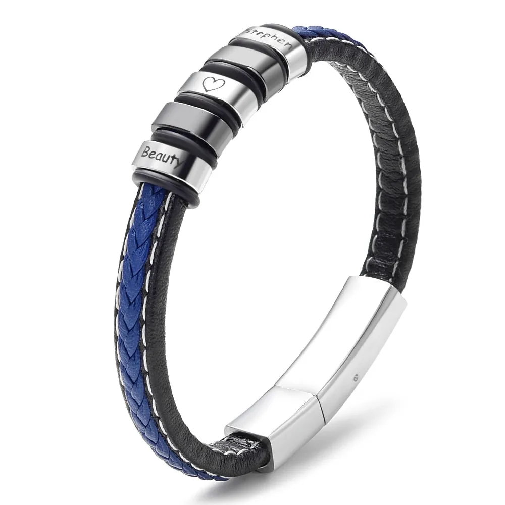 Custom Names Bracelet for Men Personalized Wristband Jewelry Coffee Black Leather Bangles
