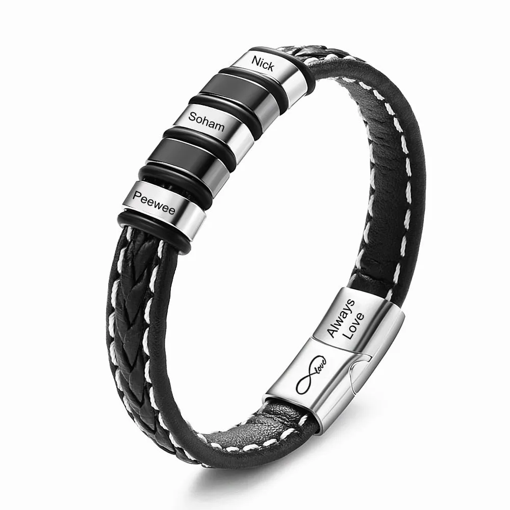 Custom Names Bracelet for Men Personalized Wristband Jewelry Coffee Black Leather Bangles